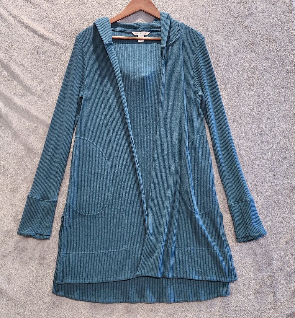 Athleta Teal Harmony Pose Wrap Open Hooded Cardigan Size XS Oversized Pockets